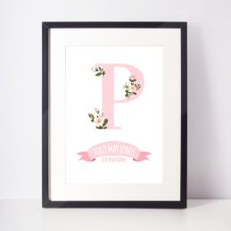 Floral Nursery Print Baby Girl Personalised Initial
